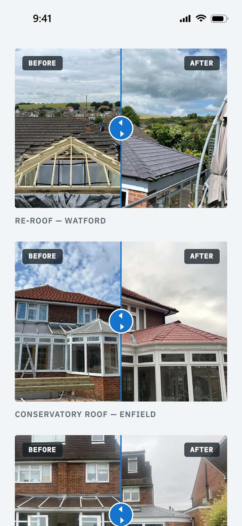 A roofing and building client's website on a phone: before and after photos of a re-roof and a conservatory roof