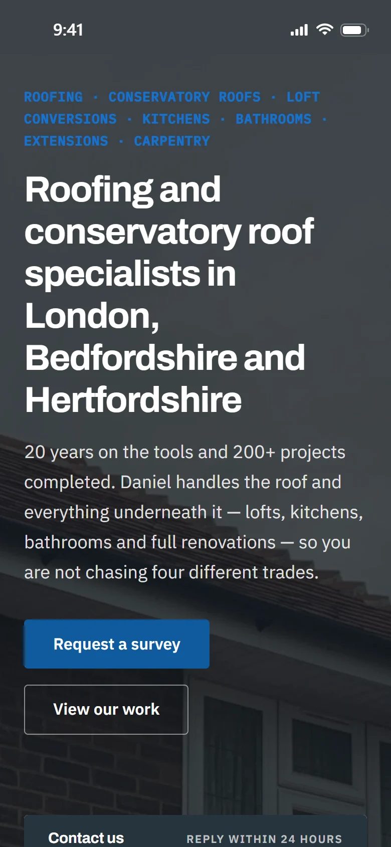 A roofing and building client's website on a phone: the home page headline and survey buttons