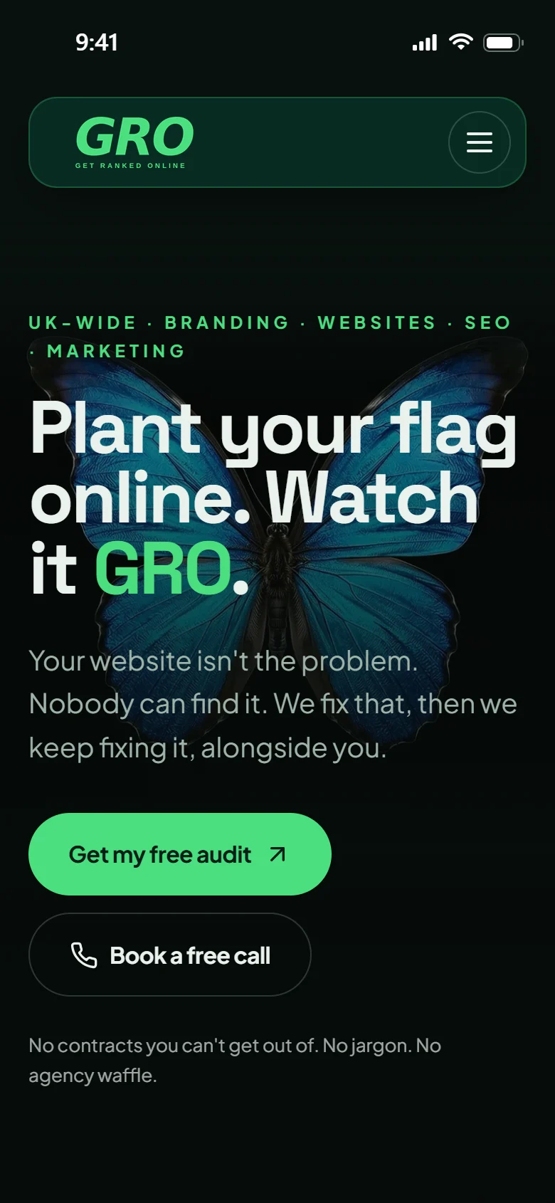 The Get Ranked Online website on a phone: Plant your flag online. Watch it GRO.