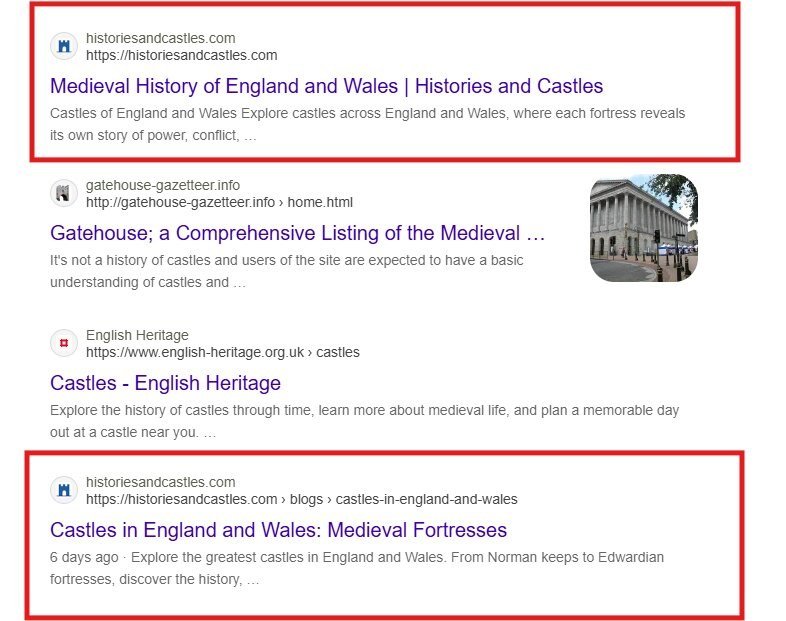 A Google results page with two historiesandcastles.com listings highlighted: the first result on the page, and a fourth result further down